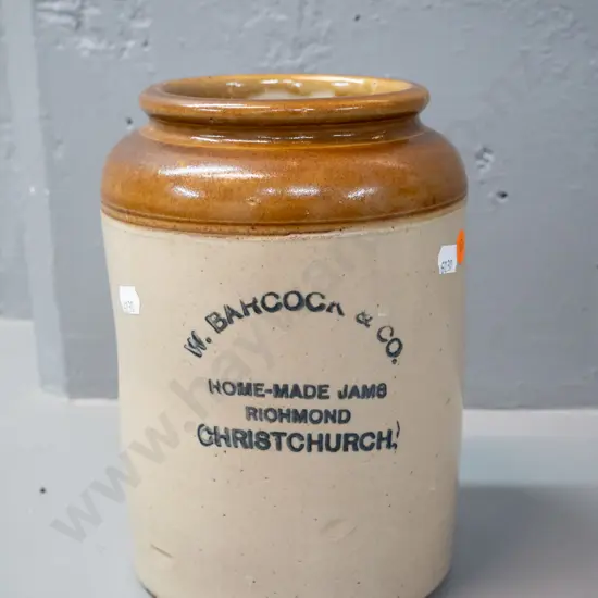 wide mouth stoneware crock marked Barcock & Co Jams - Richmond Christchurch H-220 D-150