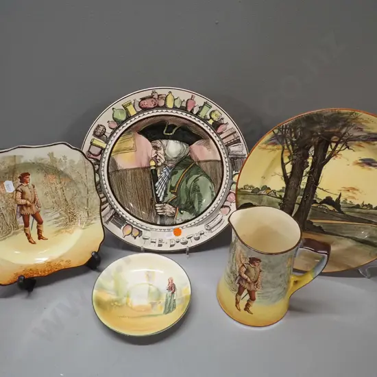5 Royal Doulton items - "The Doctor" plate D-265, country village plate, Orlando plate and jug, Juliet saucer