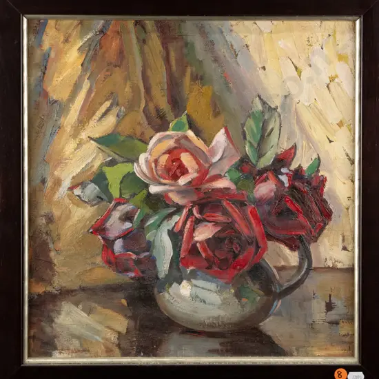 illegible signature - framed oil on canvas - still life flowers H-370 W-360