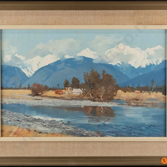 Charlton Edgar '73 - framed oil "To Mount Cook From Clearwater Ford, West Coast" H-240 W-360 (slight scratching)