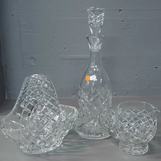 3 pieces of cut crystal, no maker's marks - stoppered decanter H-345 D-110, basket bowl and a jug