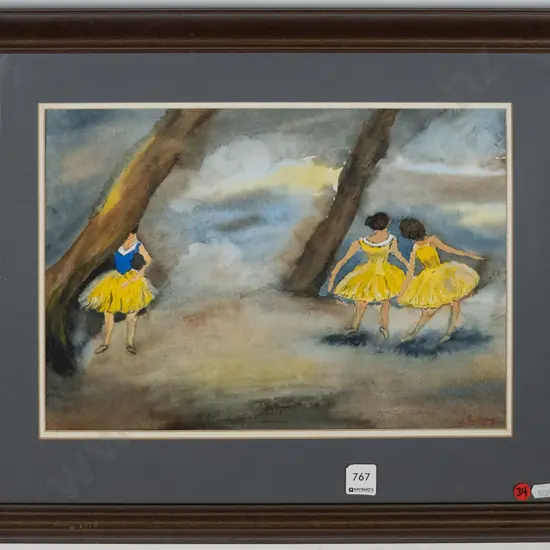 Shirley Lindsay - framed watercolour "Ballet tete a tete" H-270 W-370