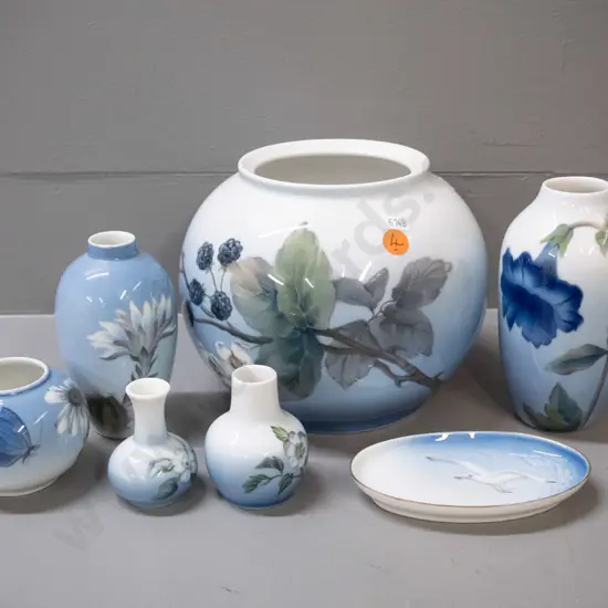 assorted Royal Copenhagen - large ball vase H150 D-180, 4 small vases, pin dish - all are floral except seagull pin dish