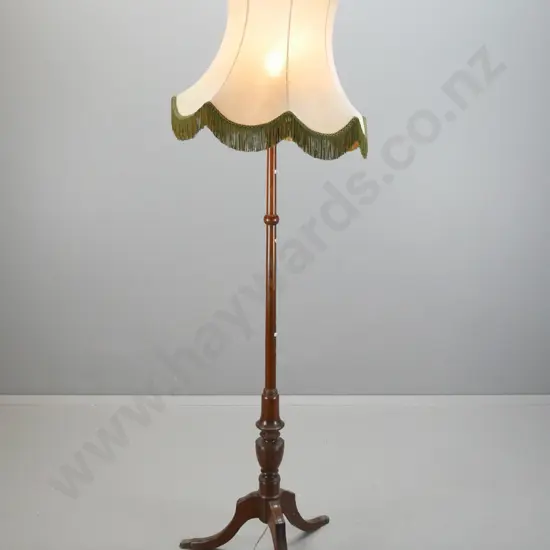 vintage mahogany standard lamp on tripod base with brass lion's paw feet - tears & stain to shade, a few scratches to