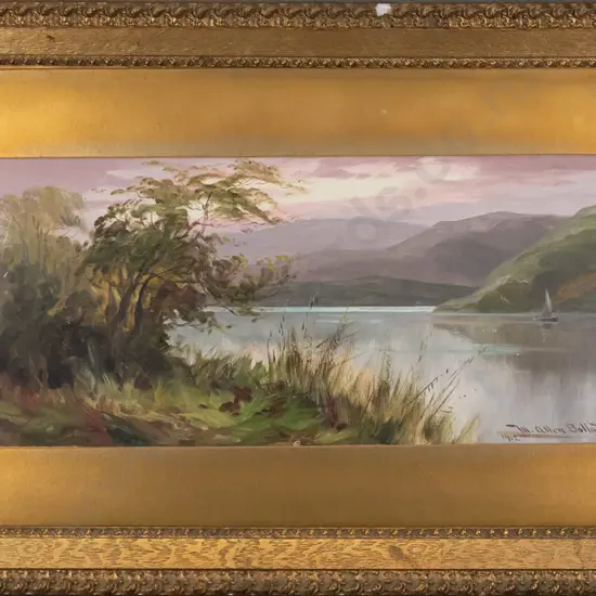 W Allen Bollard 1912 - framed oil  - lake and mountain scene H-250 W-560 (slight damage, framing needs attention)