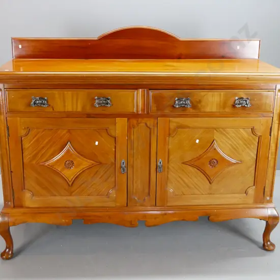 Edwardian vintage mahogany sideboard with 2 long drawers over 2 panelled doors, flame mahogany veneer drawer fronts and