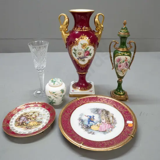 4 pieces European porcelain including Kaiser double swan-handled vase, 2 Limoges plates, Aynsley Kowloon small ginger