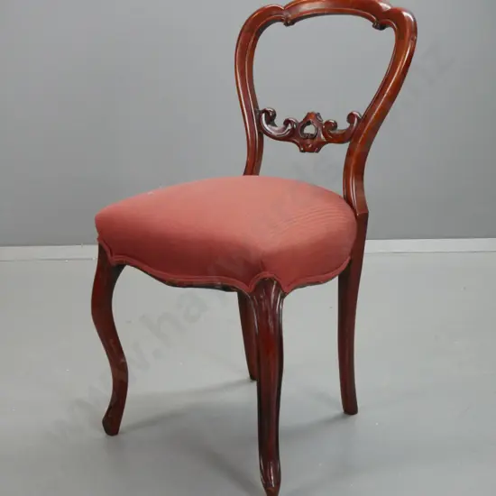 vintage mahogany cab-leg balloon back chair with carved back splat, some fading & stains to red fine striped fabric.