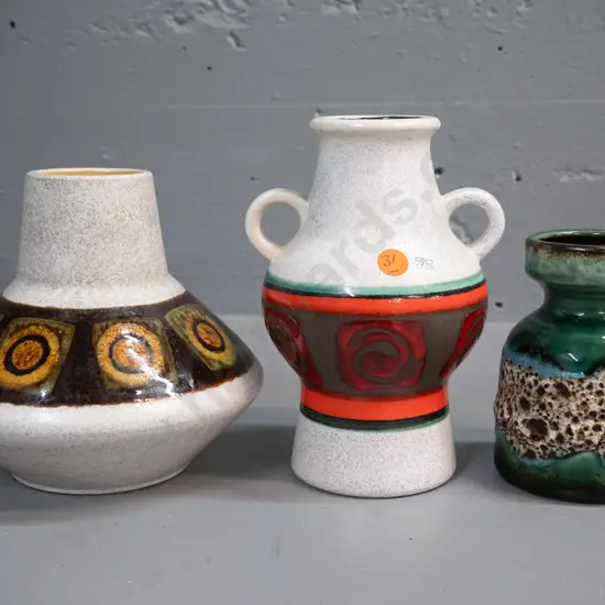 3 German pottery vases - one with double lug handles H-185, small green lava glaze, one other