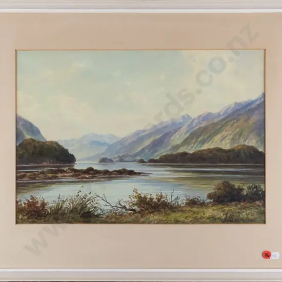 illegible signature - framed watercolour -lake and mountain H-290 W-410