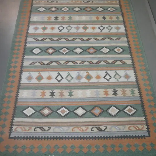 Kilim style wool floor rug - pastel blue, green and terracotta - some light stains L-2700 W-1820
