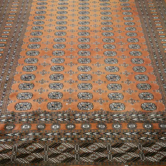 Persian style hand-knotted wool floor rug - faded red/orange with black and ivory - fraying, fading and stains L-3100