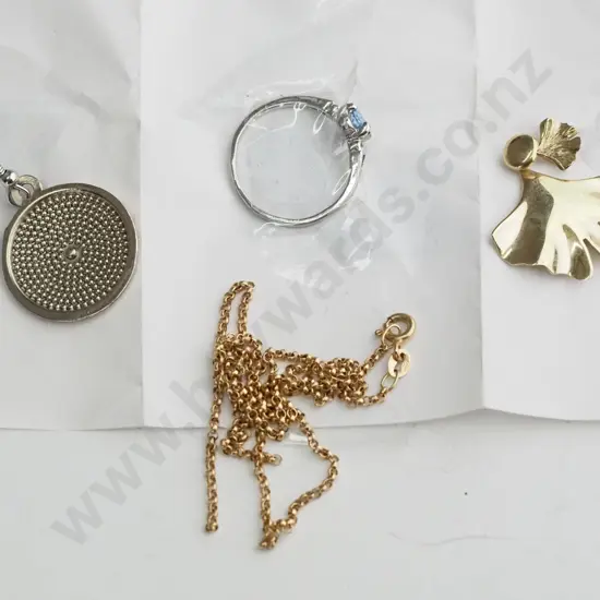 Silver ring with light blue gem, 2x earrings, golden chain