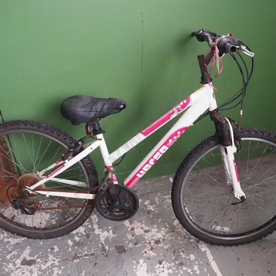 White/pink bike, very rough looking, wide saddle, knobbly tyres, straight handles
