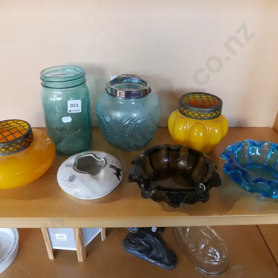 shelf of vases, ashtrays, jar