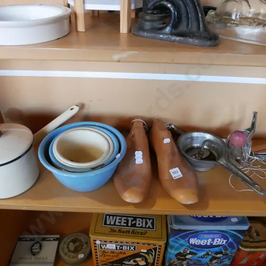 shelf; enamel bowls, pot, shoe laste etc