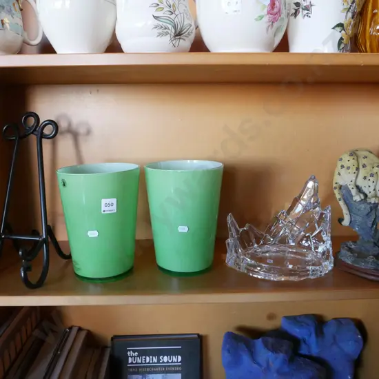 shelf; cookbook stand, green glass vases, leopard figurine, glass stand