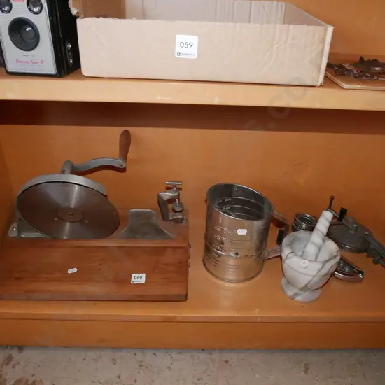 bench top slicer, flour sifter, mortar and pestle etc