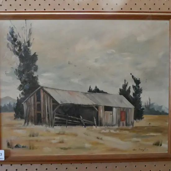 Jan Drayton - framed oil - farm buildings