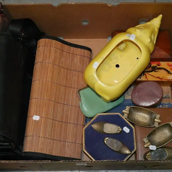 box; hand bags, placemats, brush, ashtrays etc