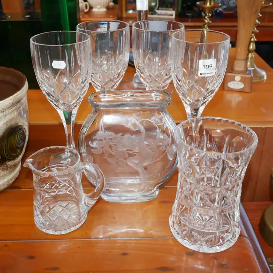 4x cut crystal wine glasses, 2x vases etc