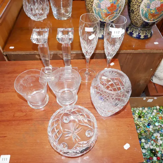 2x Stuart crysatl champagne glasses, candlestick etc