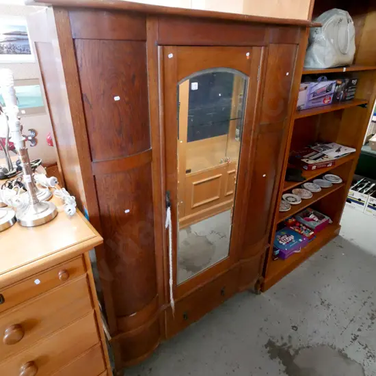 oak 1 drawer and 1 door wardrobe - casters need attention -missing section of wood along top