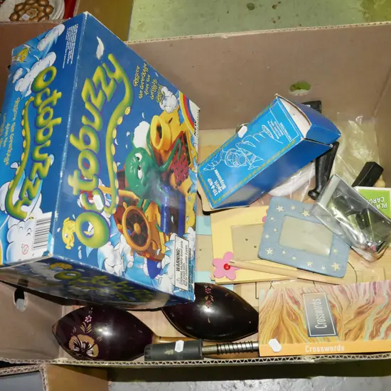 box; childs games, hand strengtheners, spirit dispenser etc