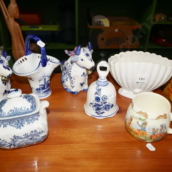 Sylvac shell vase, Bunnykins cup, Delft items