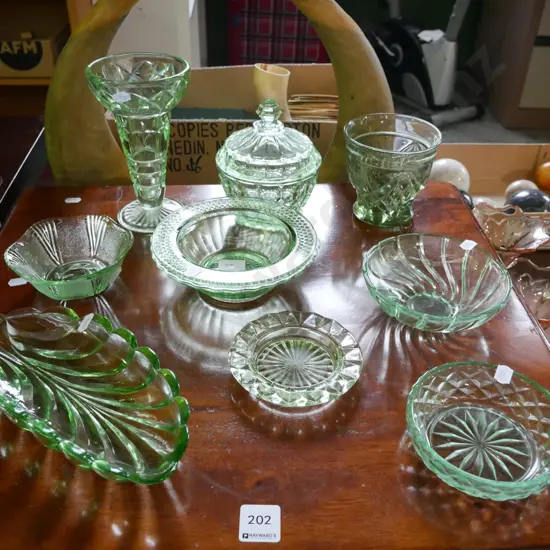 green glass bowls, vases etc