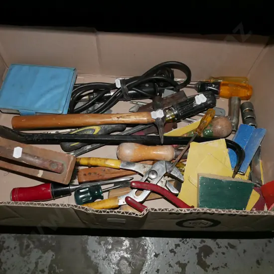 box of tools; soldering iron, wire brush, plumbers grips etc
