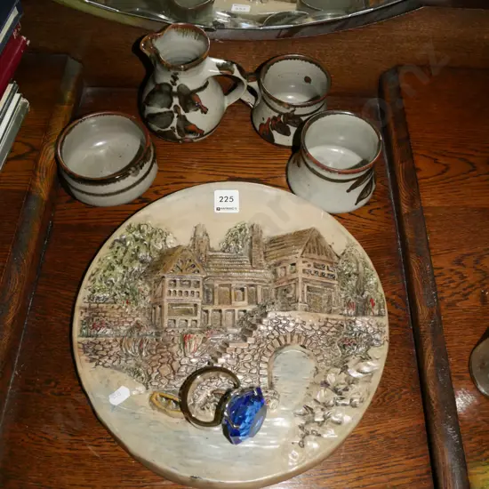 large chrome and blue glass napkin ring, pottery items, composite wall charger