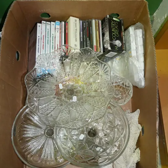 box; glass cake stansd, comports, DVD, CDs, mahjong tiles