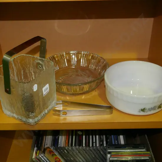 glass ice bucket, pressed glass bowl, retro pyrex dish