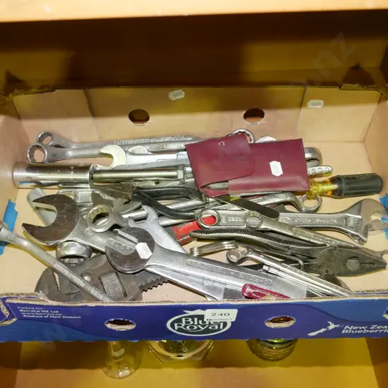 box; open ended ring spanners, allan keys, pliers etc