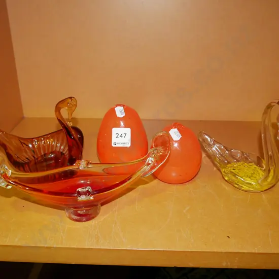coloured glass ware, bud vases, swan dishes, ashtray
