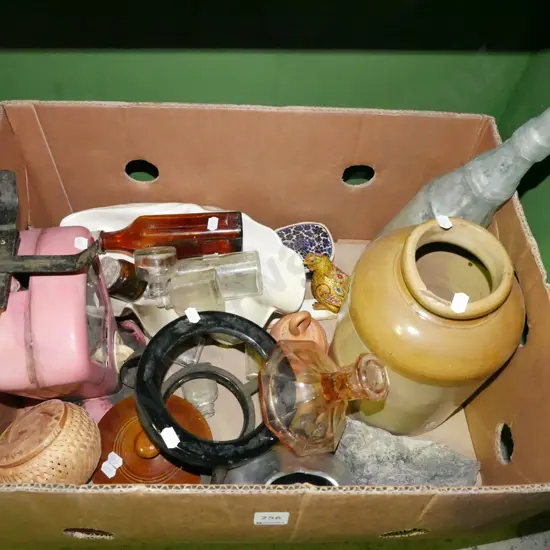 box; kitchen scales, bottles, crock etc