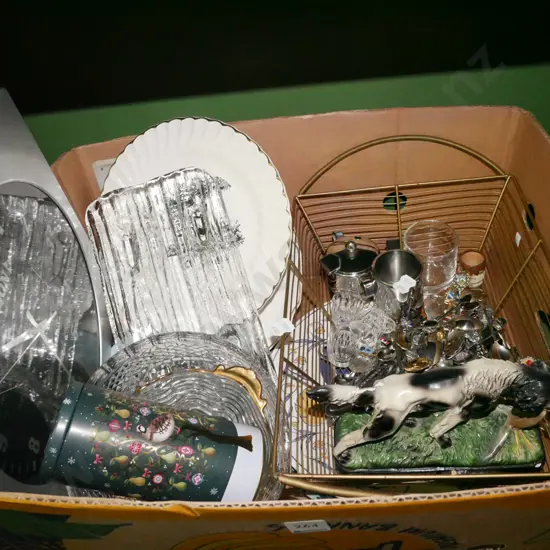 box; wall clock, plates, glass tray etc