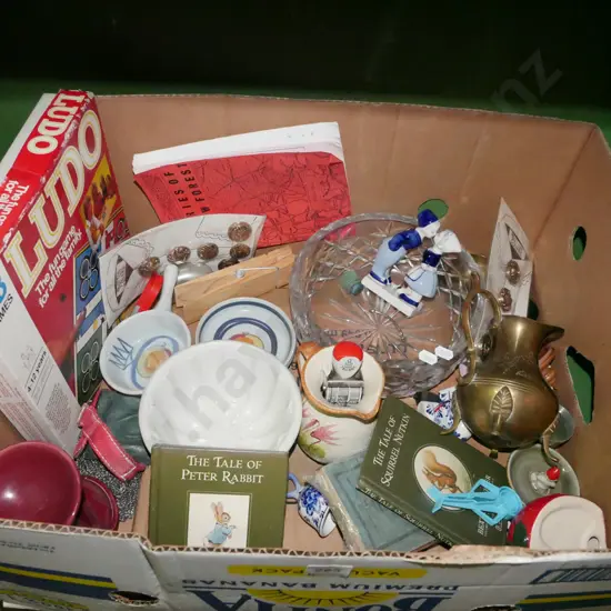 box; Ludo, crystal bowl, brass jug, jelly mould etc