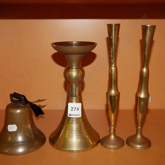 brass candlesticks, vases, bell H-210