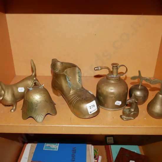 shelf; brass boot,bells, atomiser etc