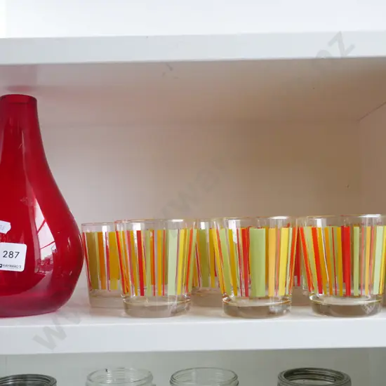 red glass, glass tumblers