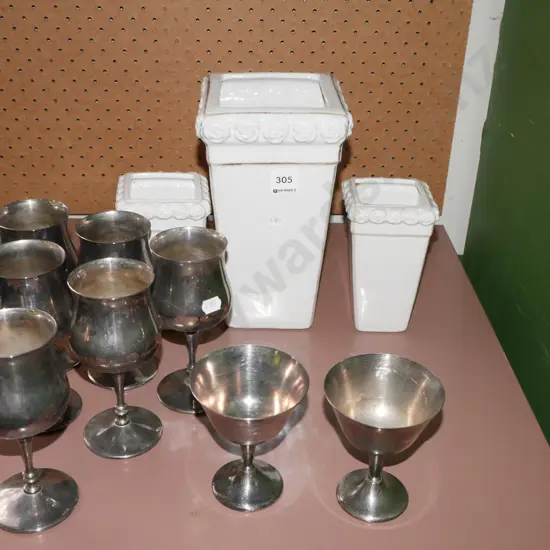 3x graduated ceramic rose themed vases, 11x plated goblets