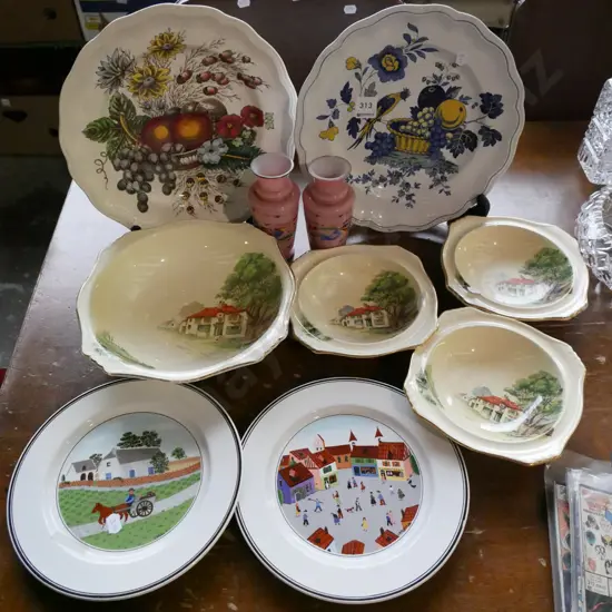 Villeroy and Boch plates, Spode plates, part sweet set, 2x hand painted pink vases