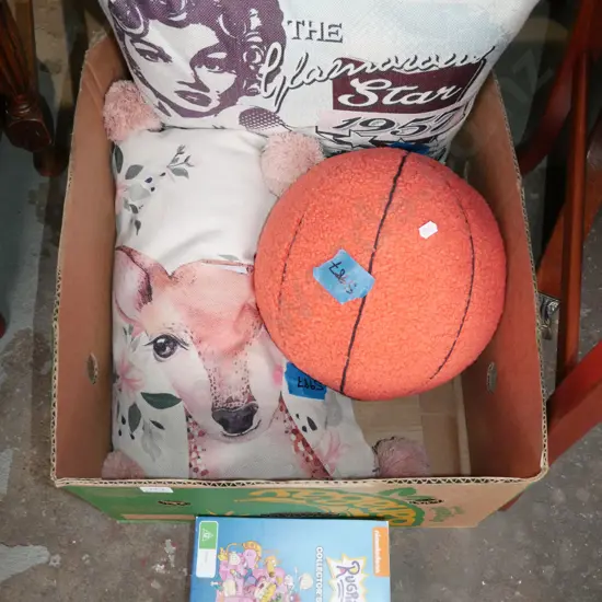 box; Rug Rats DVDs, foam basketball, cushions