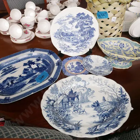 footed bowl, ashets, saucer, side plate - chips to larger of the ashets