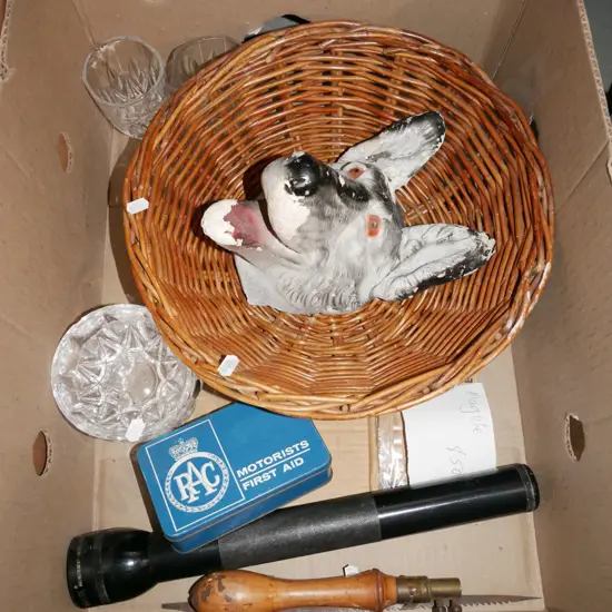 box; cane basket, large mag light torch, first aid kit etc