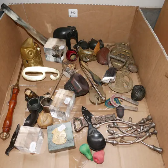 box; candle snuffer, ebony elephants etc