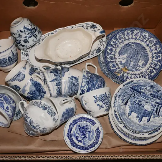 box; blue and white cups, saucers, plates etc