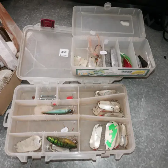 2x plastic tackle boxes with various sinkers and lures